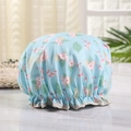Blue waterproof shower cap with pink flamingo and floral print for hair protection - Lake Blue Large Flamingo