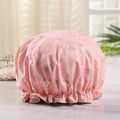 Pink double-layer waterproof shower cap with flamingo print and elastic ruffle edge - Pink Large Flamingo