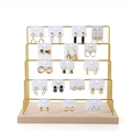 Five-tier gold metal earring stand with solid wood base for jewelry display - 5 Layers / Gold