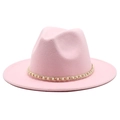 Elegant pink wool fedora hat with decorative gold chain and white pearl band - M (56-58cm) / Pink