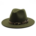 Classic dark olive green wool fedora hat with leopard print band and metal buckle detail - M (56-58cm) / Army Green