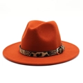 Detail of burnt orange wool fedora featuring leopard print band and metal buckle accent - M (56-58cm) / Rust red