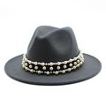 Detail of dark grey wool fedora hat featuring double-layer pearl and metal bead trim - Dark Gray