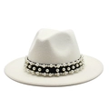 Elegant white wool fedora hat with black ribbon and triple-row pearl embellishments - White