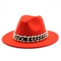 Red wool fedora hat with wide brim featuring a black ribbon and white pearl accents - Orange Red