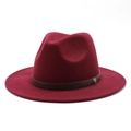 Detail of wine red wool fedora with brown textured leather band and vintage metal buckle - M (56-58cm) / Burgundy