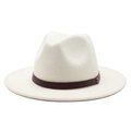 Classic cream wide brim fedora hat with vintage textured brown band and metal buckle - M (56-58cm) / White