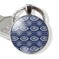 Macro view of blue evil eye keychain with silver polished metal rim and keyring - Vintage Art Eye (JY006346-6)