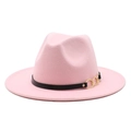 Pink wool felt fedora hat with a black decorative band and golden chain accent - M (56-58cm) / Pink