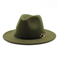Classic olive green wool felt fedora hat with wide brim and gold chain link buckle decoration - M (56-58cm) / Army Green