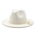 White wool felt jazz fedora hat with flat brim and decorative tassel pendant for men and women - White