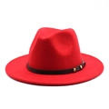 Detail of red fedora wool hat featuring a brown leather band with gold rivet studs - M(56-58cm) / Red
