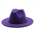 Close-up of purple wool fedora hat featuring brown leather band and gold metal rivets - M(56-58cm) / Purple