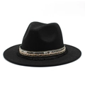 Classic black wide-brim wool fedora hat featuring sequin ribbons and ethnic fringe trim - M (56-58cm) / Black