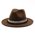 Detail of a brown wool fedora hat featuring ethnic style ribbon and tassel decoration - Dark Coffee