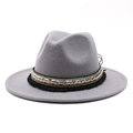 Detail of gray wool fedora hat featuring bohemian band with sequins and tassels - Light Gray
