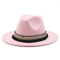 Pink wide brim wool fedora hat featuring an ethnic ribbon with tassels and sequins - Pink