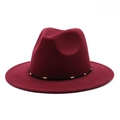 Close-up of wine red wool fedora hat featuring a black band with gold metal accents - M(56-58cm) / Burgundy