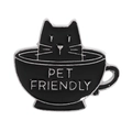Pet Friendly black cat enamel pin in a teacup design with a silver metal frame - Black Cat in Cup-PET FRIENDLY