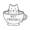 Cute black and white enamel cat in a teacup metal brooch with Pet Friendly text - White Cat in Cup-PET FRIENDLY