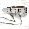 White punk style PU leather belt with double grommets and detachable metal chain - White with Chain