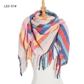 Colorful striped knit scarf with pink and blue tones featuring long fringed edges - Pink
