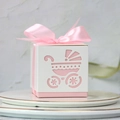 Pink laser-cut baby carriage candy box with matching silk ribbon for baby showers - Pink