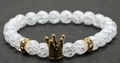 8mm crackle glass beaded bracelet with gold crown charm and sparkling spacers - Gold