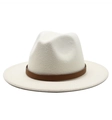 Elegant white wool fedora hat with a wide brim and brown faux snakeskin belt band - White