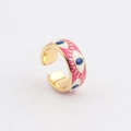 Detailed view of the pink enamel evil eye open ring with golden metal base - Adjustable Open / Rose Red