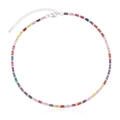 Rainbow necklace with colorful rectangular zircon gemstones in silver finish with extension chain - Silver Square Zircon Rainbow Style (XL0026银)