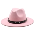 Pink wool felt fedora hat with black rivet leather belt buckle for women and men - M (56-58cm) / Pink