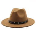 Detailed macro view of the brown wool fedora hat featuring a black studded leather band - M (56-58cm) / Light Coffee