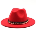 Detail shot of a red wool fedora hat featuring a black and gold braided chain decoration - M (56-58cm) / Red