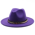 Purple wool fedora hat with wide brim featuring a black braided and gold chain band - M (56-58cm) / Purple