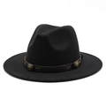 Classic black wool fedora hat with wide brim and brown leather band with gold studs - M (56-58cm) / Black