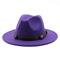 Detail of dark purple wool fedora hat featuring brown leather band and metal buckle - M (56-58cm) / Purple