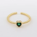 18k gold plated open ring with green heart-shaped gemstone and beaded band - Adjustable Open / Green