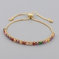 Gold adjustable slider bracelet featuring multi-color square-cut cubic zirconia stones - Rainbow Square Zircon Style (SL0005) / Gold