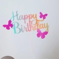Acrylic Happy Birthday cake topper with gradient colors and pink decorative butterflies - Blue Series UV Printed Butterfly