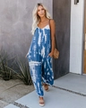 Close-up of blue and white tie-dye wide-leg jumpsuit with slim shoulder straps - S / Blue
