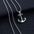 Silver nautical anchor pendant with rope detail on a steel box chain necklace - Anchor + Stainless Steel Chain