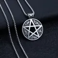 Retro stainless steel pentagram pendant necklace with mystical runes and silver box chain - Star Round Tag + Stainless Steel Chain