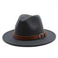 Detailed close-up of dark grey wool fedora with a brown leather belt and silver buckle - Dark Gray
