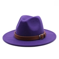 Classic dark purple wool fedora hat with a brown leather belt and metal buckle for autumn - M (56-58cm) / Purple