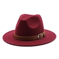 Detail of burgundy wool fedora hat featuring a brown leather belt strap with silver buckle - Burgundy