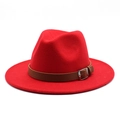 Detail of red wool fedora crown with teardrop indentation and leather band with silver buckle - M (56-58cm) / Red