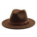 Close-up of brown wool felt fedora hat featuring a stylish leather buckle band detail - Dark Coffee