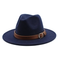 Detail of navy wool fedora hat featuring brown synthetic leather band and silver buckle - Navy Blue