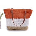 Stylish hand-woven tricolor straw beach tote bag with durable brown leather handles - Width 45cm Height 40cm / Red